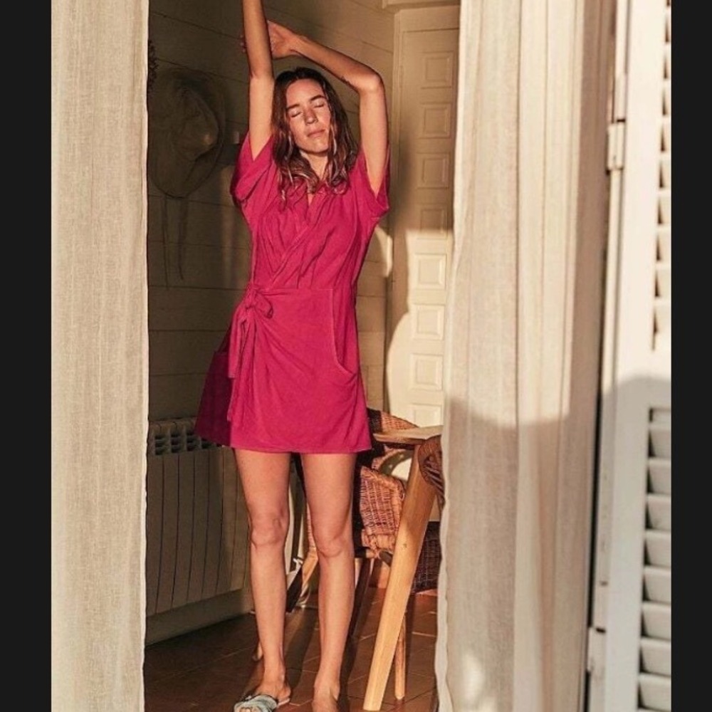 Free People Sensual Safari Linen Wrap Dress Raspberry Pink Fuchsia XS